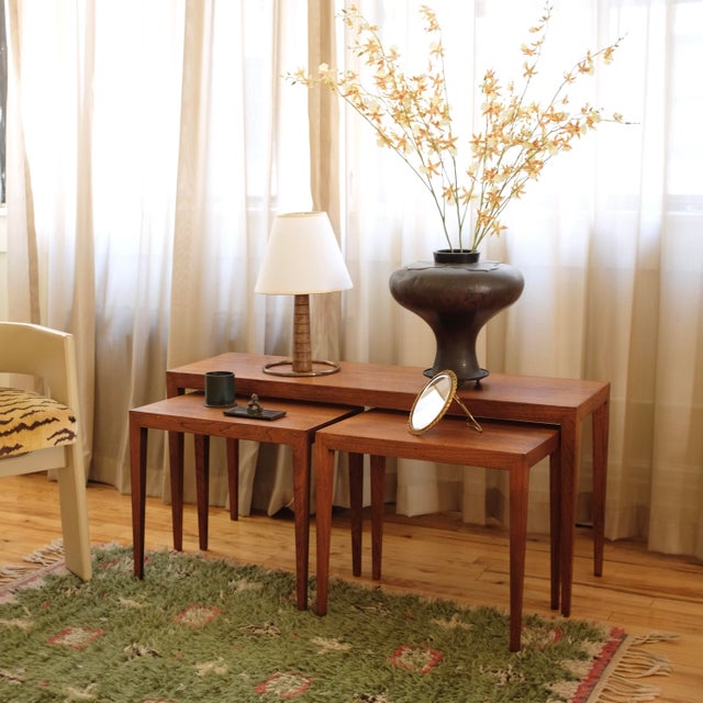 1960s Set of three nesting tables by Severin Hansen for Haslev Møbelsnedkeri, Denmark. Made of beautiful grained teak the...