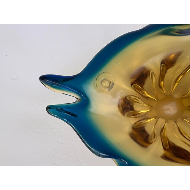 Vintage Amber and Teal Blue Murano-Style Art Glass Fish Bowl For Sale - Image 4 of 11