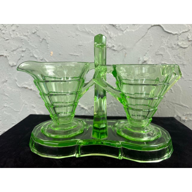 Indiana Glass Company 1930s Art Deco Indiana Glass Uranium Green Creamer & Sugar Set With Caddy – Depression Glass - 3pcs For Sale - Image 4 of 11