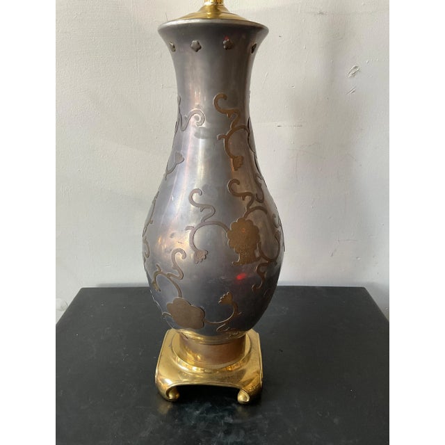 1960s Pewter & Brass Floral Lamps - A Pair For Sale - Image 10 of 12