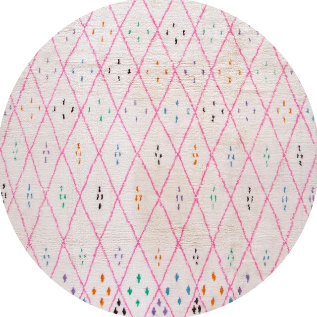 Beautiful Contemporary Moroccan-Style Rug, hand-knotted wool with an ivory white field, bright pink and subtle multicolor...