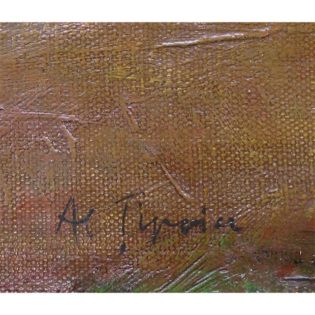 Alexandru Tipoia, Romanian Modernist Landscape with Red Roof House, 1960s, Oil on Canvas, Framed For Sale - Image 4 of 6