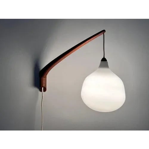 Teak and Opaline Glass Wall Lamp attributed to Uno & Östen Kristiansson for Luxus Sweden, 1960s For Sale - Image 11 of 13