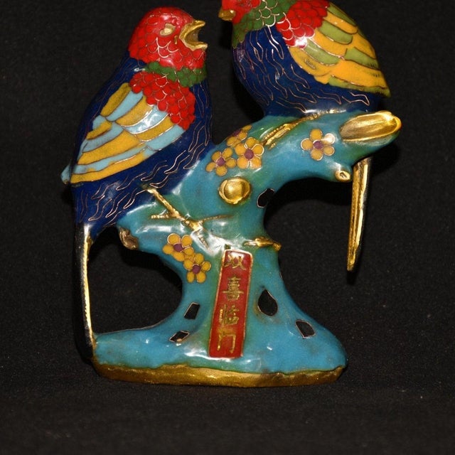Blue Vintage Cloisonne Enamel Bird Pair Figurine – 8.3" Two Lovebirds on Branch For Sale - Image 8 of 8