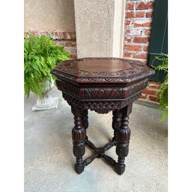 Petite Antique French Octagon Center Side Table Side End Renaissance Carved Oak For Sale In Dallas - Image 6 of 12