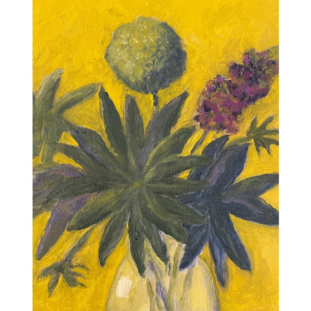 1990s oil on canvas in yellow and purple, signed with initials lower right. The canvas is 14 x 11 and you can easily find...
