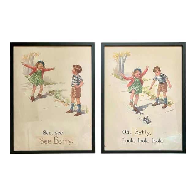 Vintage Framed Children’s Storybook Prints – Pair of Whimsical Nursery Illustrations For Sale