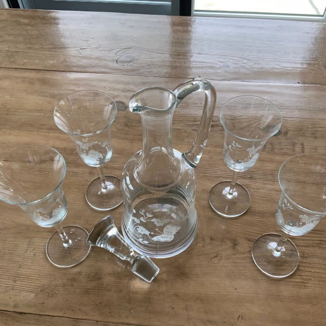 Glass Vintage Etched Glass Decanter & Set of 4 Wineglasses Featuring Butterfly and Grapevine Motif For Sale - Image 7 of 11