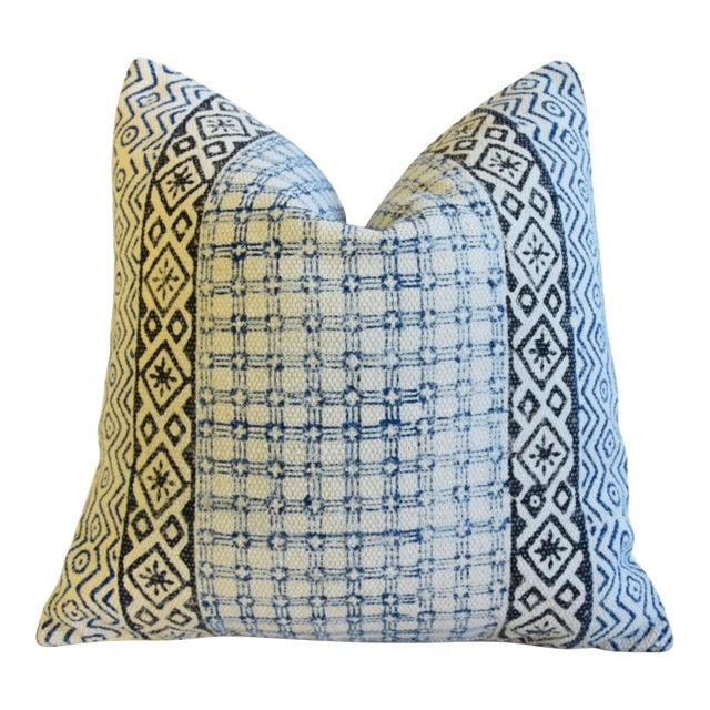 French Hand-Printed Blue, Black & White Geometric Design Cotton Feather /Down Pillow 19” Square For Sale