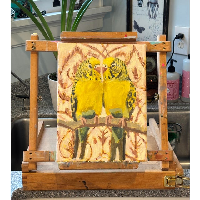 Contemporary Budgies With Pale Sienna Patterned Background, an Original Painting by Michelle Heimann For Sale - Image 3 of 3
