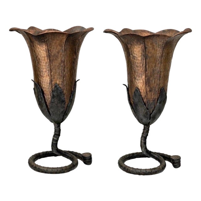 Large Pair French Modern Forged Copper & Iron Sculptural Flower Vases, C. 1960s For Sale