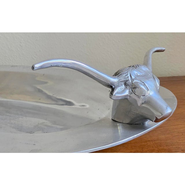 Metal Vintage Mid-Century Modern Longhorn Bull Cast Aluminum Serving Tray – Western Barware / Decorative Catchall For Sale - Image 7 of 17