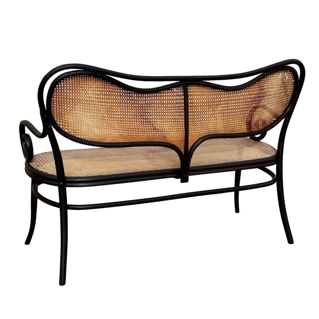Wood Antique Vienna Secession Scrolling Bentwood Oak & Cane Settee Bench Attributed to Thonet No 05 For Sale - Image 7 of 7