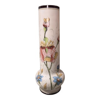 Antique Floral Decorated Hand Painted Art Glass 14" Vase For Sale