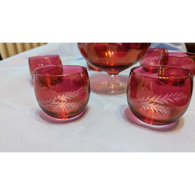 Vintage Cranberry Etched Brandy Glass Set- 7 Pieces For Sale - Image 4 of 5
