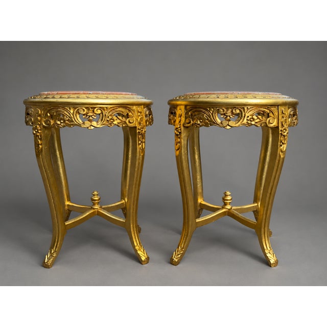 1950s Artisan Louis XVI Gold Beech Marble Side Tables-Pair For Sale - Image 4 of 12