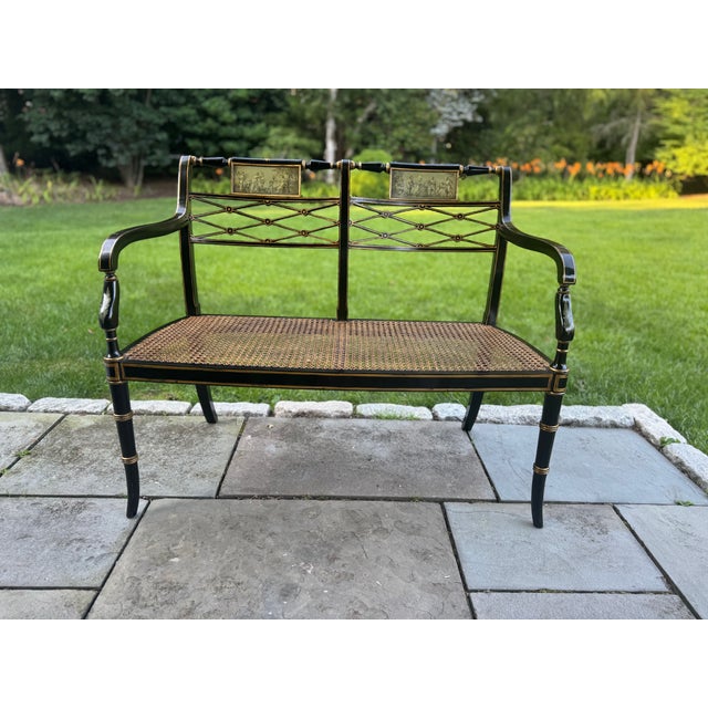 Traditional 1990s English Regency Caned Bench With Hand Painted Accents For Sale - Image 3 of 16