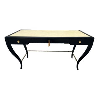 Monarchy, Century Black Lacquered , Brass ,Leather Top Desk For Sale