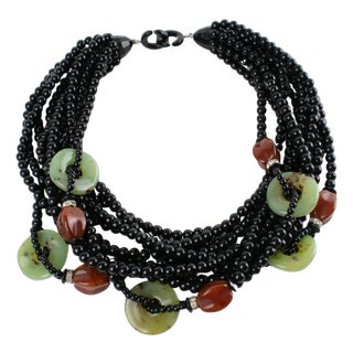 Angela Caputi Black Necklace with Jade and Carnelian Resin Beads For Sale