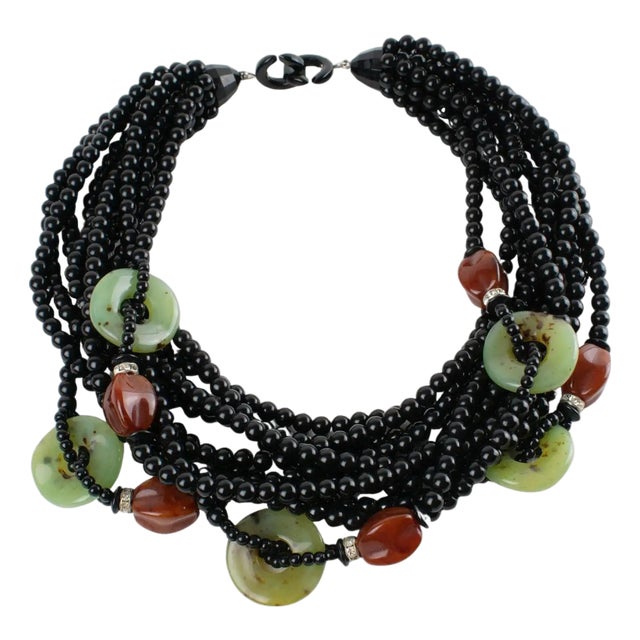 Angela Caputi Black Necklace with Jade and Carnelian Resin Beads For Sale