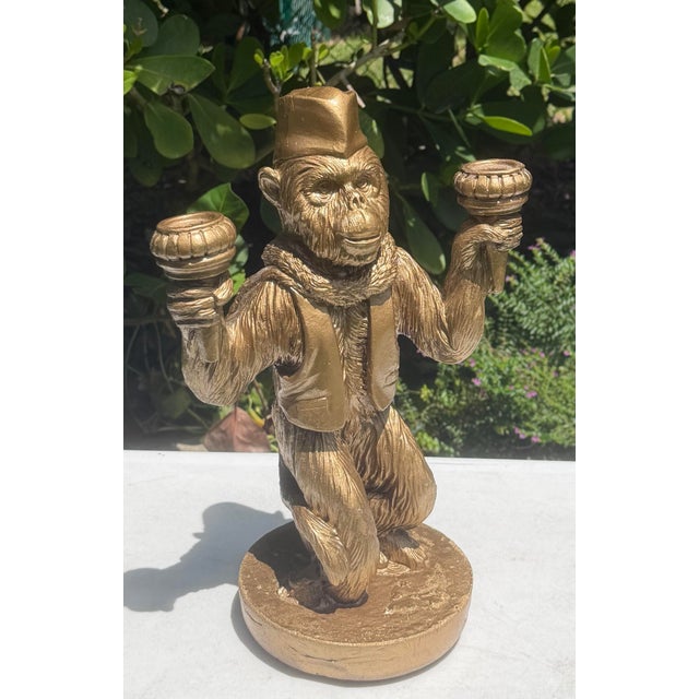 Chinoiserie Vintage Monkey Candelabra Sculpture With Fez Hat, Aged Gold Finish For Sale - Image 3 of 11
