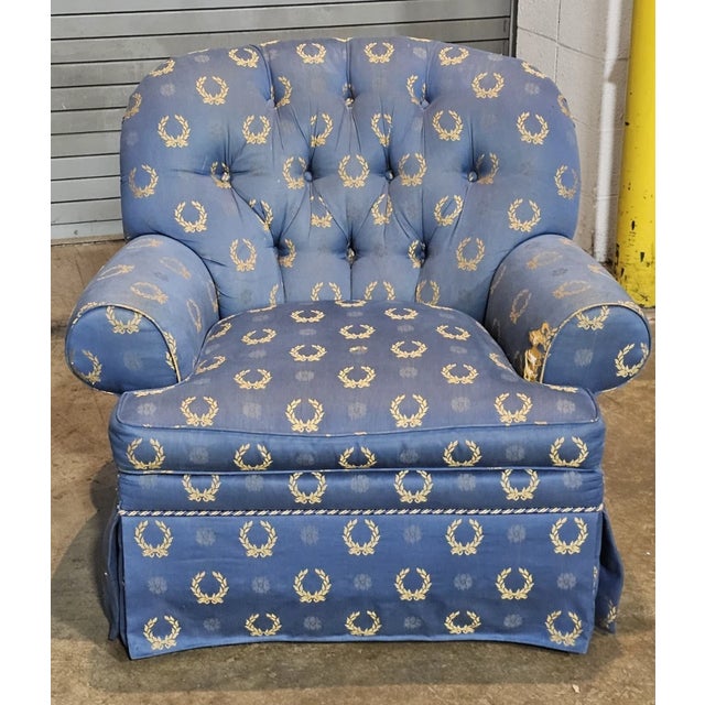 Late 20th Century Late 20th Century Pair of Charles Stewart Club Chairs Prussian Blue Napoleonic Tufted Fabric For Sale - Image 5 of 12