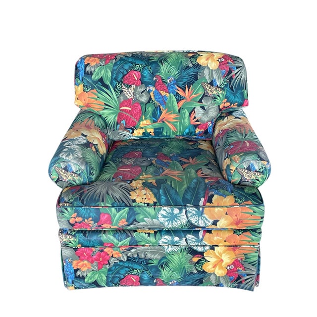 Textile 80s Tropical Floral Skirted Lounge Chairs With Parrot Motif Upholstery, a Pair, Palm Beach Regency, Vintage, Maximalism For Sale - Image 7 of 12