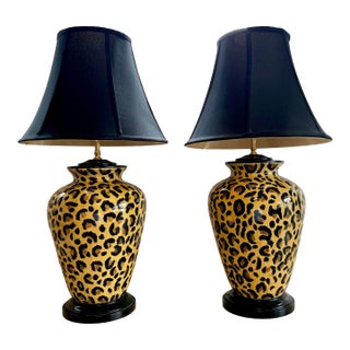 Late 20th Century Hand Painted Leopard Print Ceramic Table Lamp With Brass Accents; A Pair For Sale