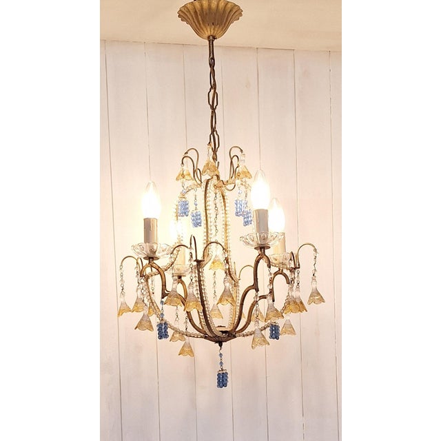 Mid-Century Modern Mid-Century Italian 4-Light Chandelier with Colored Glass Hangings, 1950s For Sale - Image 3 of 8