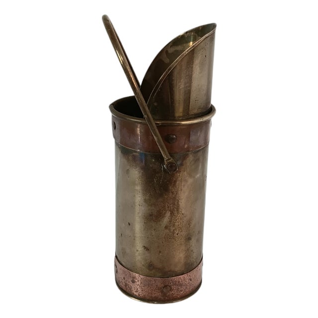 Rustic European Vintage Brass and Copper Match Holder Scuttle With Striker For Sale - Image 3 of 10