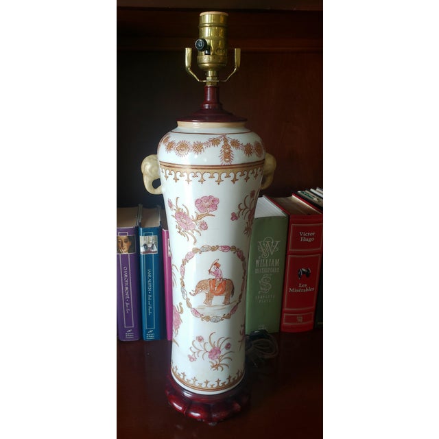 Vintage Chinoiserie Porcelain Table Lamp | Elephant Handle Accent For Sale - Image 10 of 12