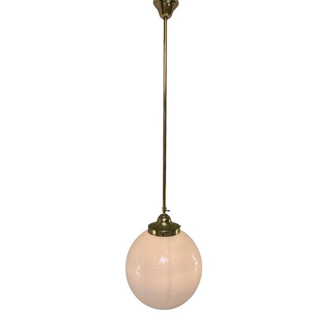 Bauhaus Very Large Art Deco Height Adjustable Pendant Lamp with Opaline Glass and Brass Framework For Sale - Image 3 of 10