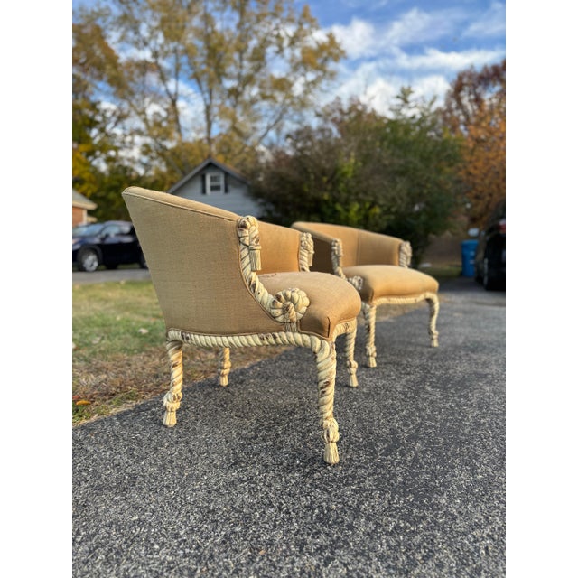 Late 20th Century Vintage Rope and Tassel Carved Bergère Chairs - A Pair For Sale - Image 5 of 12