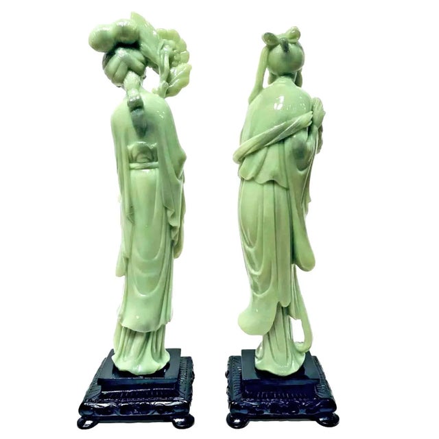 Vintage 1960s Gino Ruggeri for Wony, Italy Faux Green Jade Japanese Couple Sculpture Figurines - Set of 2 For Sale - Image 6 of 11