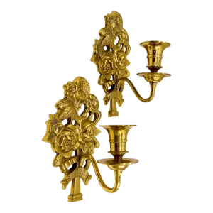 20th C. Brass Floral Wall Candle Sconces – Pair – French Country / Cottagecore