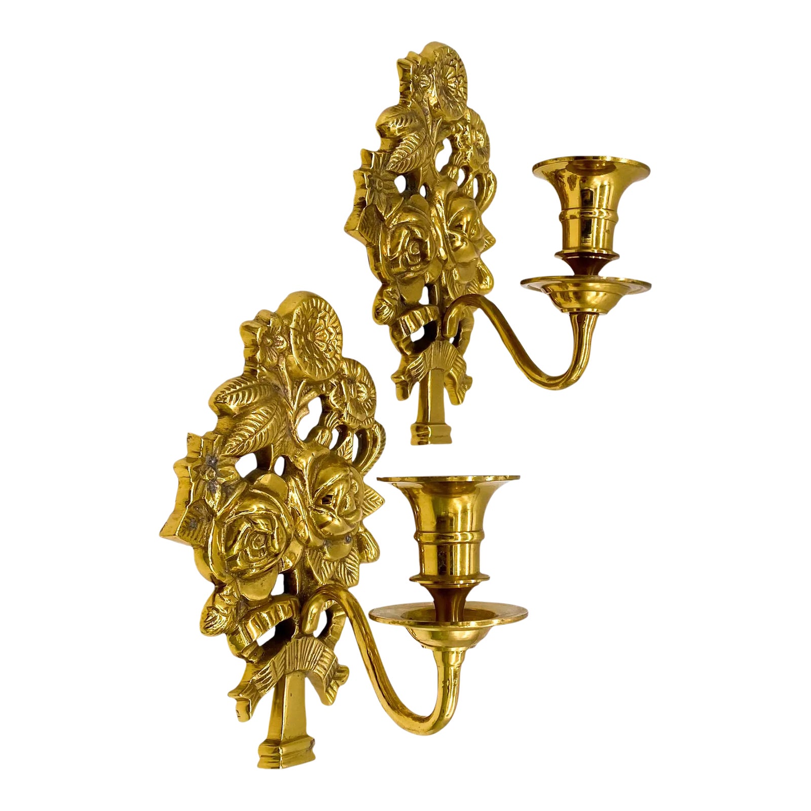 20th Century Brass Floral Wall Hanging Candle Sconces a Pair Chairish