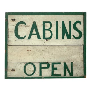 Circa 1940s Two Sided Wood Cabins Open Sign For Sale