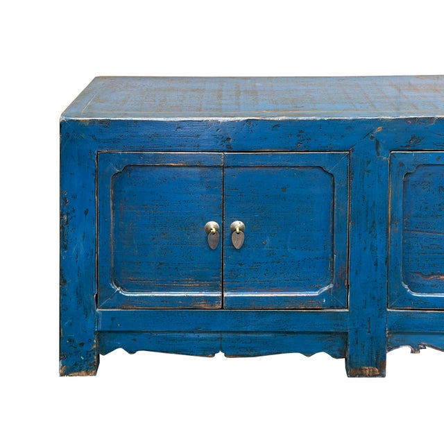 Vintage Distressed Cerulean Blue Doors Low Tv Stand Console Table Cabinet For Sale - Image 4 of 12