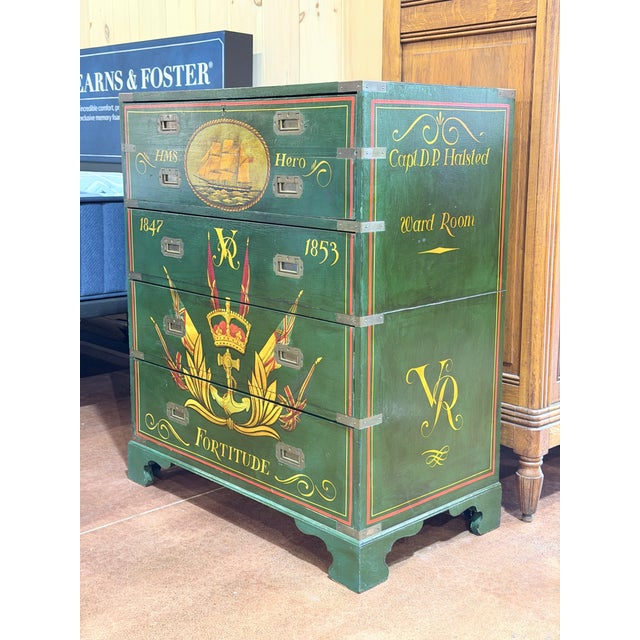 A remarkable antique Victorian campaign secretary chest showcasing bold naval character and extraordinary decorative...