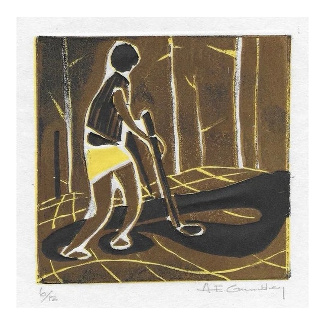 A. E. Crumbley Golf Woodblock Print For Sale