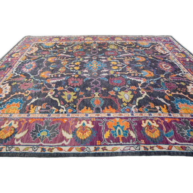 2010s Modern Oushak Handmade Allover Floral Grey and Purple Wool Rug For Sale - Image 5 of 13