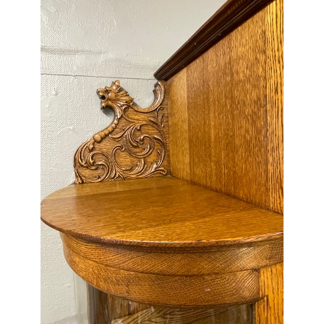 Traditional Antique Edwardian Golden Oak China or Curio Cabinet With Curved Original Glass For Sale - Image 3 of 10