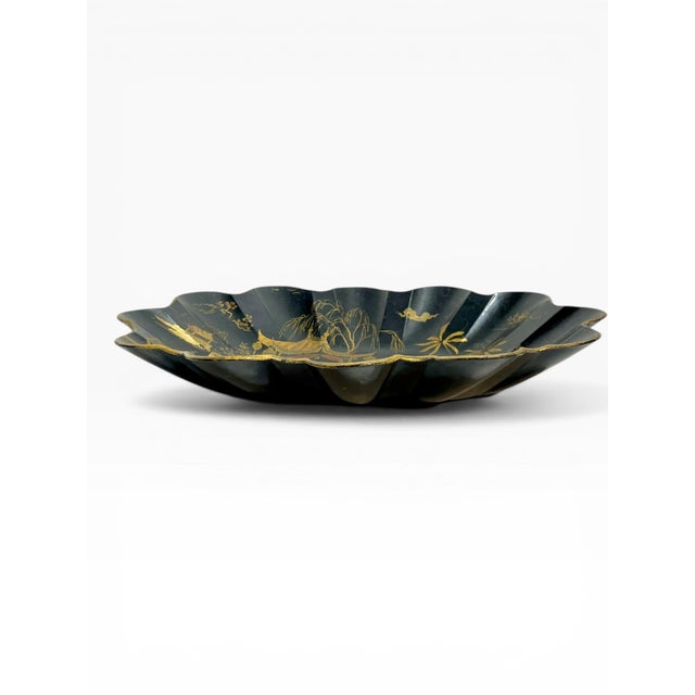 A gorgeous antique 19th-Century French Chinoiserie black and gold papier mache japanned scalloped tray or bowl with an...