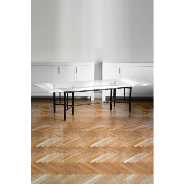 Table with Glass Top and Chairs in Black Lacquered Rattan, 1970s, Set of 13, in Very Good conditions. Designed 1970 to...