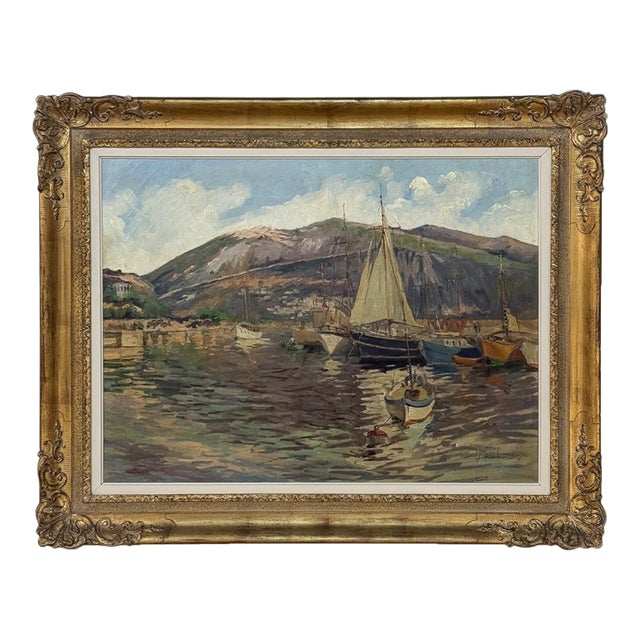Antique Framed Painting on Canvas 'Harbor in Still Light' Signed by J. Gilbert For Sale