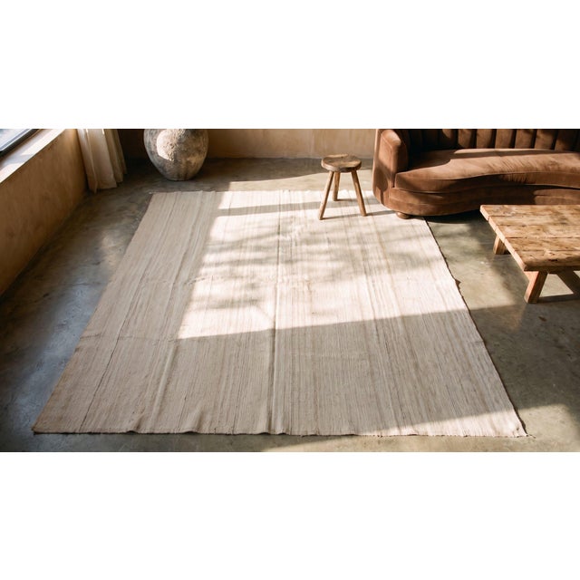 1940s White Cream Solid Plaid Kilim Antique Nw Persian Flat Weave 9'0" X 10'0" Wool Carpet For Sale In New York - Image 6 of 8