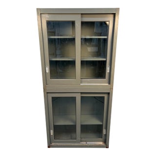 Mid 20th Century Industrial Stackable Metal Cabinet With Sliding Glass Doors For Sale