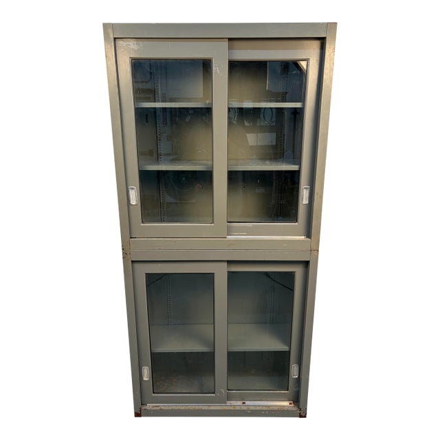 Mid 20th Century Industrial Stackable Metal Cabinet With Sliding Glass Doors For Sale