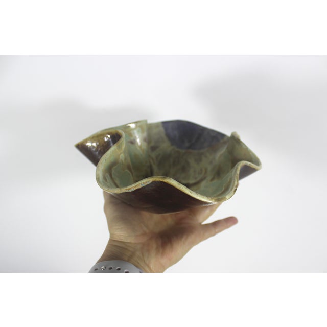 Vintage Sculptural Studio Pottery Footed Bowl Organic Ruffled Edge For Sale - Image 9 of 12
