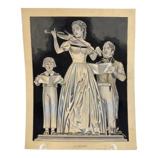 1940s Original Signed Graphite Illustration of Music Recital, 10.5 X 8.5 In. For Sale